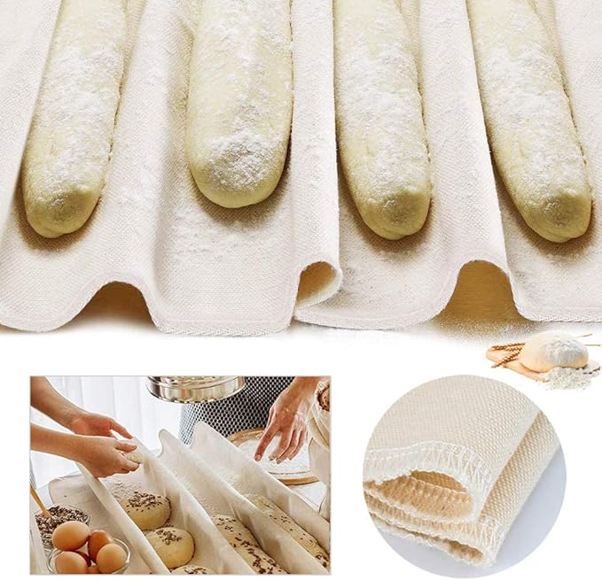 AYCCNH Stainless Steel Perforated French Baguette Bread Pan 3 Waves Toaster Oven Baking Tray (15"x10") with Large Bread Proofing Cloth (17.7" x 30.3")