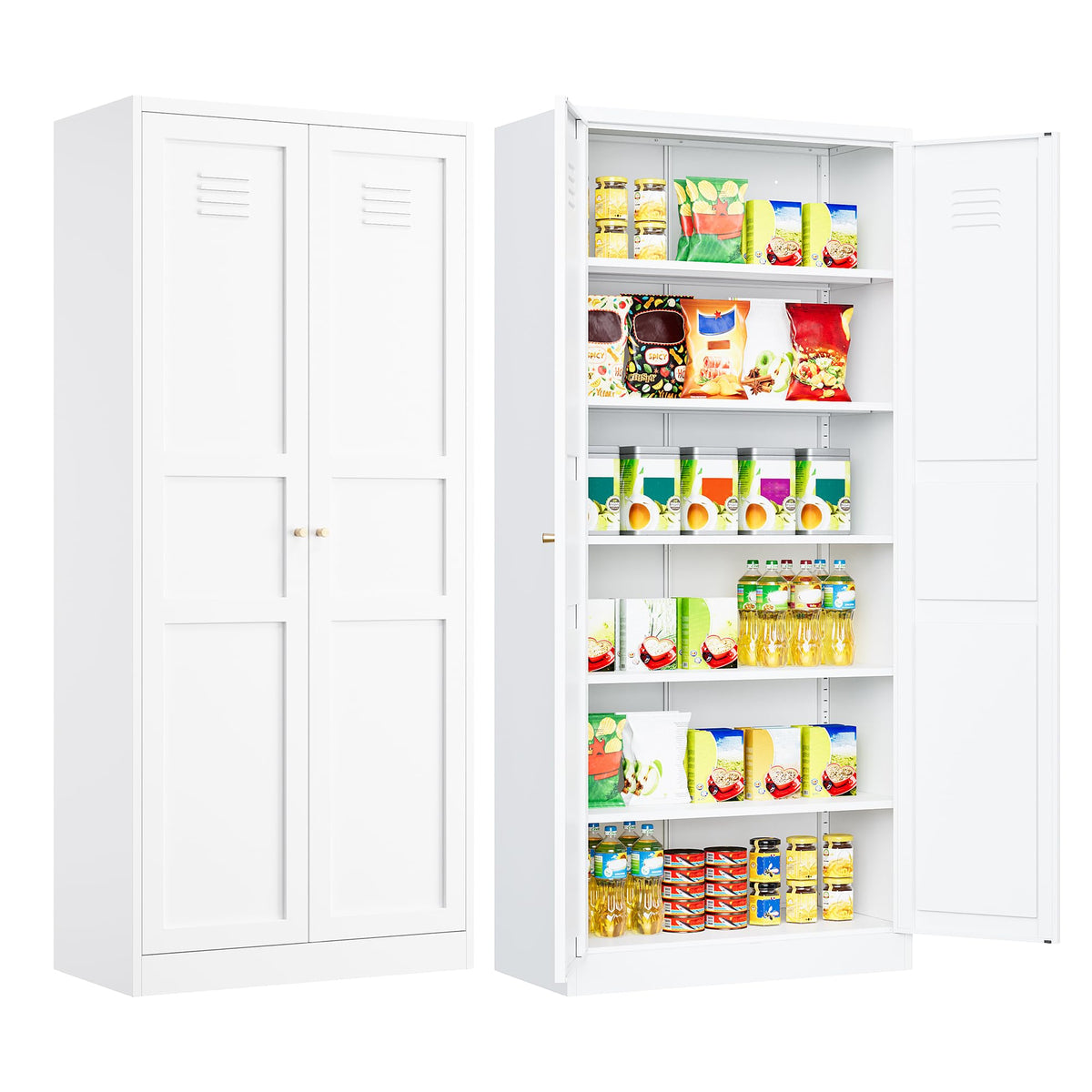 SISESOL 71" Tall Pantry Cabinet with 2 Doors and 5 Shelves,Kitchen Pantry Storage Cabinets,White Metal Storage Cabinet,Wide Deep Food Cupboard for Home,Kitchen,Dining/Living Room