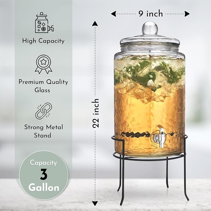 MosJos Classic Hammered Glass Ice Cold Beverage Drink Dispenser - 3 Gallon, With Glass Lid and Antique Metal Stand, 100% Leak Proof Spigot- Wide Mouth Easy Filling For Outdoor, Parties & Daily Use