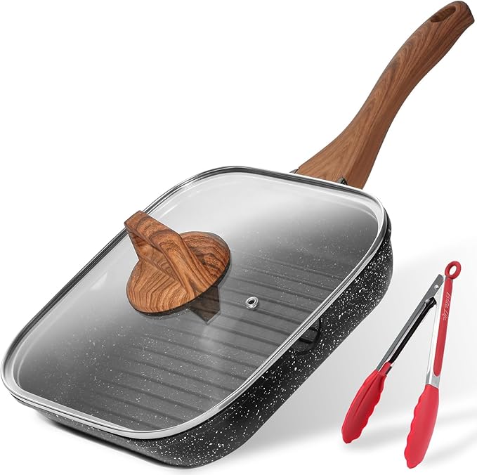 ESLITE LIFE Nonstick Grill Pan with Lid & Tongs for Stove Tops, 11 Inch Versatile Square Big Grilling Skillet Steak Pan with Pour Spouts for Indoor & Outdoor Cooking, PTFE & PFOA Free, Black