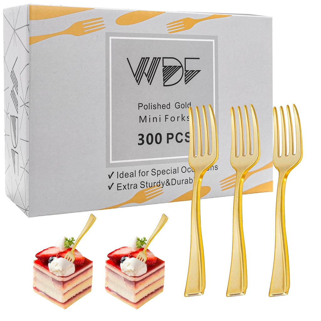WDF Disposable Plastic Mini Forks 300 Pieces 4 Inches | Mini Gold Forks | Plastic Dessert Forks | Perfect for Small Appetizers and Desserts for Wedding/Party/Birthday