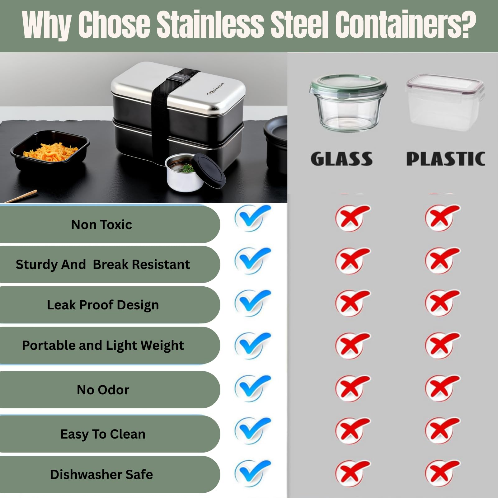 Modaniam Leak Proof Stainless Steel Bento Box, Stainless Steel Lunch Box For Adults, Metal Bento Box, Japanese Lunch Container, Large With Compartment, Korean Bentobox, Non Toxic, Microwave Safe