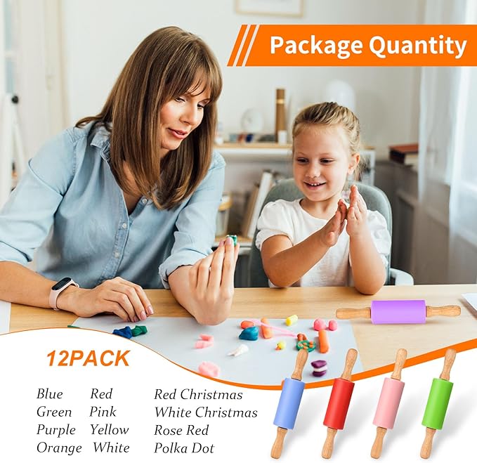 Honglida Mini Silicone Rolling Pin for Kids, Non-stick Surface Wood Handle, 9 Inch 12 Pack