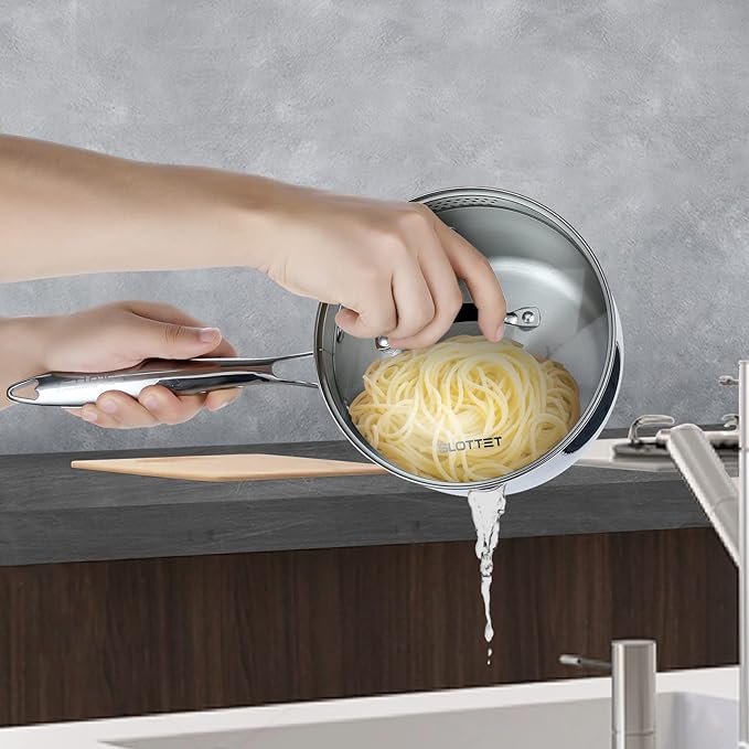 SLOTTET 3.5 Quart Stainless Steel Saucepan with Steamer, Tri-Ply Full Body Small Multipurpose Pot with Pour Spout,Strainer Glass Lid, 3 Qt Sauce Pan for Cooking with Stay-cool Handle.