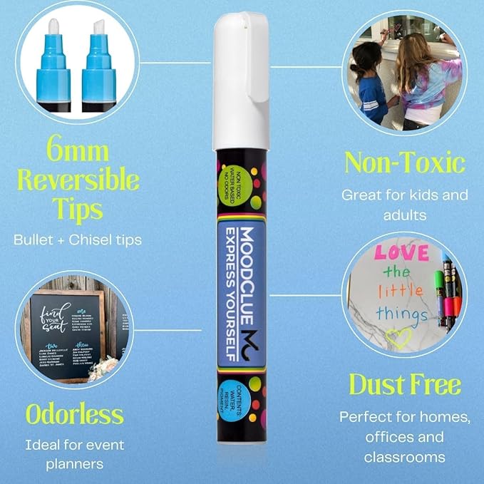 MoodClue Liquid chalk markers washable, erasable, dry or wet erase. 6 neon markers for whiteboards, glass boards, mirrors, chalkboards, windows, car windshields, glass. Non-toxic, reverse tip pens
