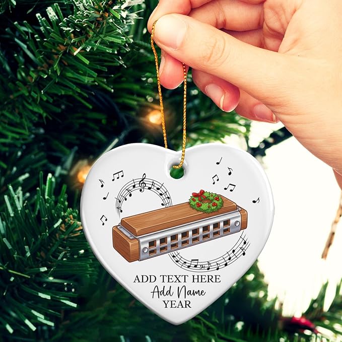 Personalized Harmonica Christmas Ceramic Ornaments, Harmonica Musical Instrument Xmas Tree Ornament 2026, Custom Music Lover Christmas Ornament with Text Name & Year, Gift for Music Teacher