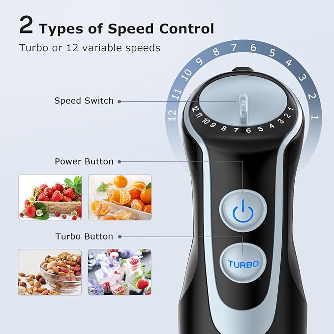 Immersion Blender Handheld, 2-In-1 Hand Blender with 12-Speeds & Turbo Mode