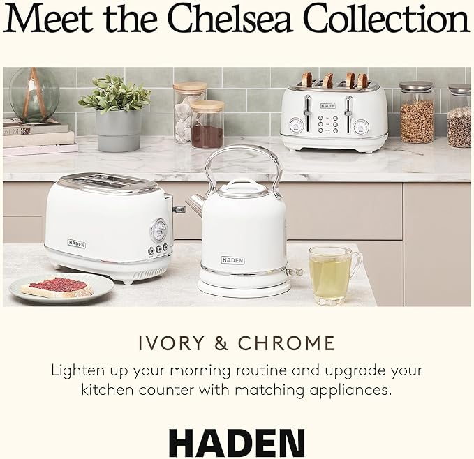 Haden Chelsea 2-Slice Wide Slot Stainless Steel Toaster with Adjustable Browning Control & Non-Slip Feet, Ivory & Chrome