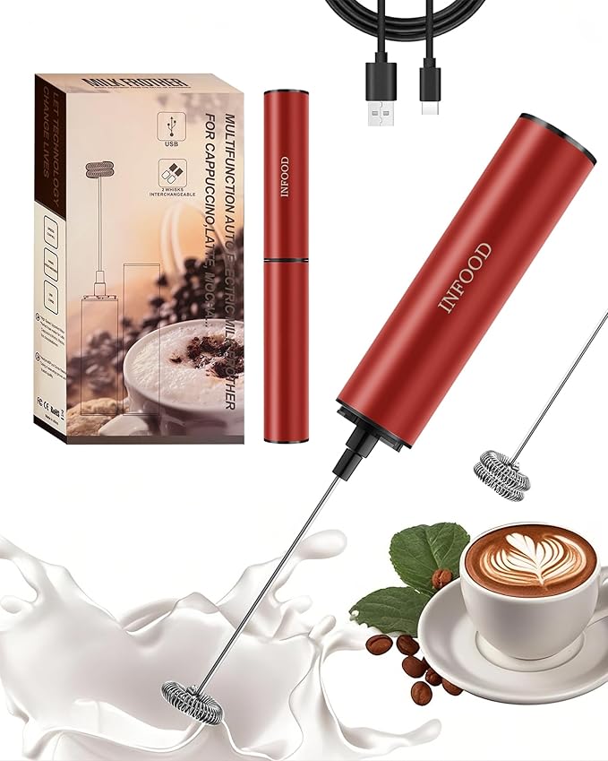 INFOOD Rechargeable Milk Frother with Cover, 2-Speed, 2 Whisks, Red