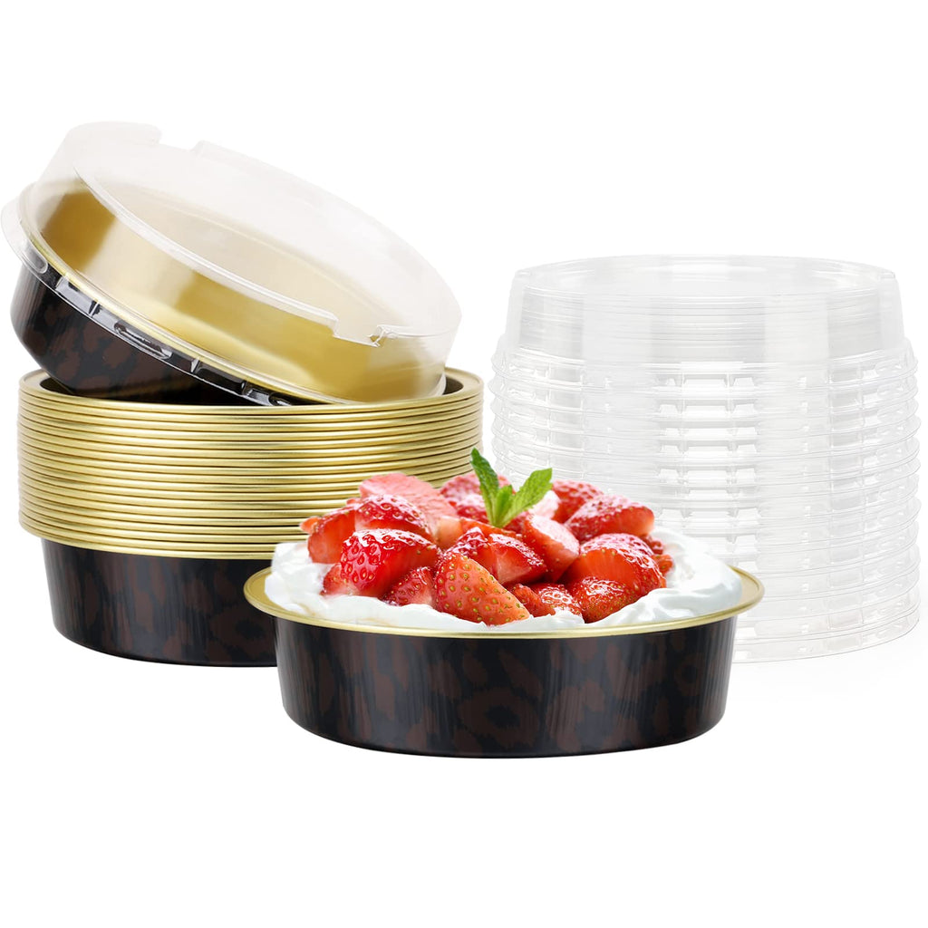 Beasea 20 Pack 4” Mini Pans with Lids, 8oz Disposable Aluminum Baking Foil Tins Round Small Black Dark Red Spot Container for Individual Cupcake Dessert Muffin Ramekin Cheesecake Quiche Oven Dishes