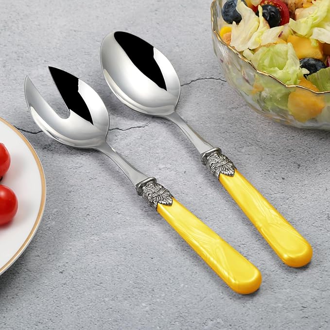 CATHYLIN 2-piece Salad Servers Stainless Steel Salad Serving Set Salad Fork and Spoon (Yellow)