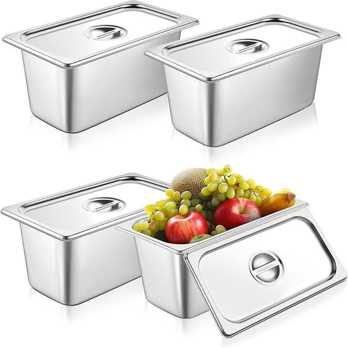 Mwellewm 4 Pack Hotel Pans with Lids 1/3 Size x 6 Inch Deep Stainless Steel Steam Table Pan Commercial Gauge Restaurant Supplies Anti Rust Metal Food Containers Catering Storage for Party Buffet Home