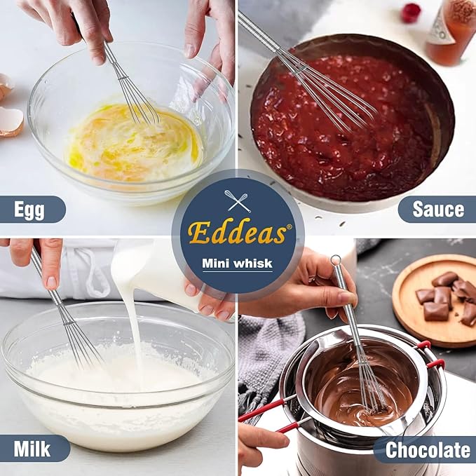 Eddeas Small Whisk Stainless Steel, Mini wire whisk 3 Pieces, 5in, 6in & 7in Tiny Whisks Perfect for Whisking, Beating, Mixing Sauces & Blending Ingredients.