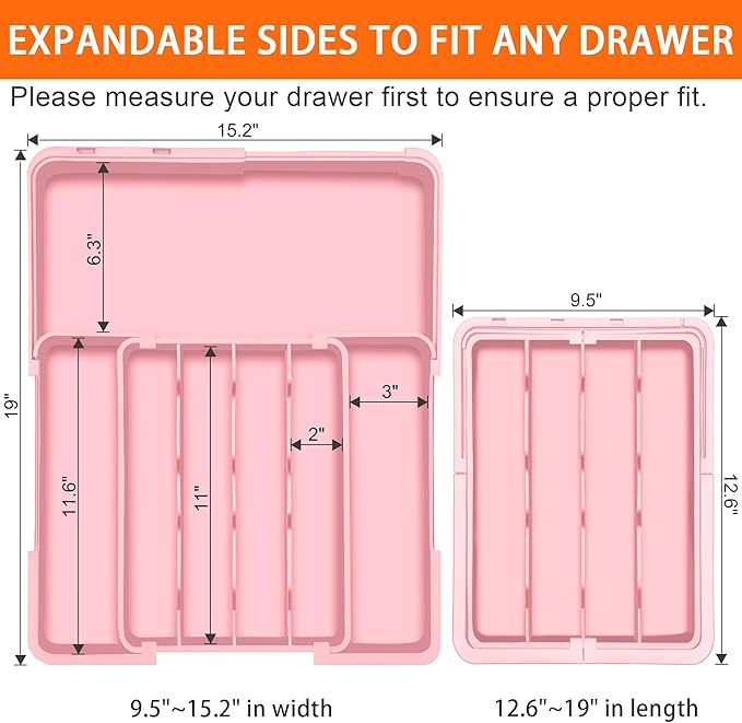 Spaclear Silverware Organizer - Expandable Silverware Drawer Organizer, Adjustable Drawer Organizer, Silverware Tray for Drawer 15.2"x 19" Utensil Drawer Organizer, Kitchen Organizers Storage, Pink