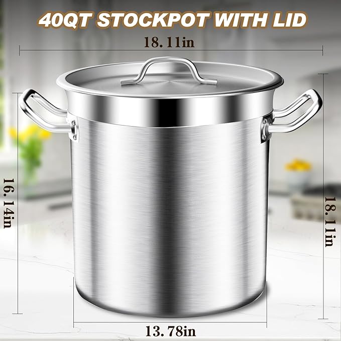 Stainless Steel Stockpot with Lid - Large Stock Pot - Heavy Duty Tri-Ply Bottom Commercial Grade Soup Pot for Cooking Soup, Stew, Canning, Oven, Gas, Ceramic, Dishwasher Safe