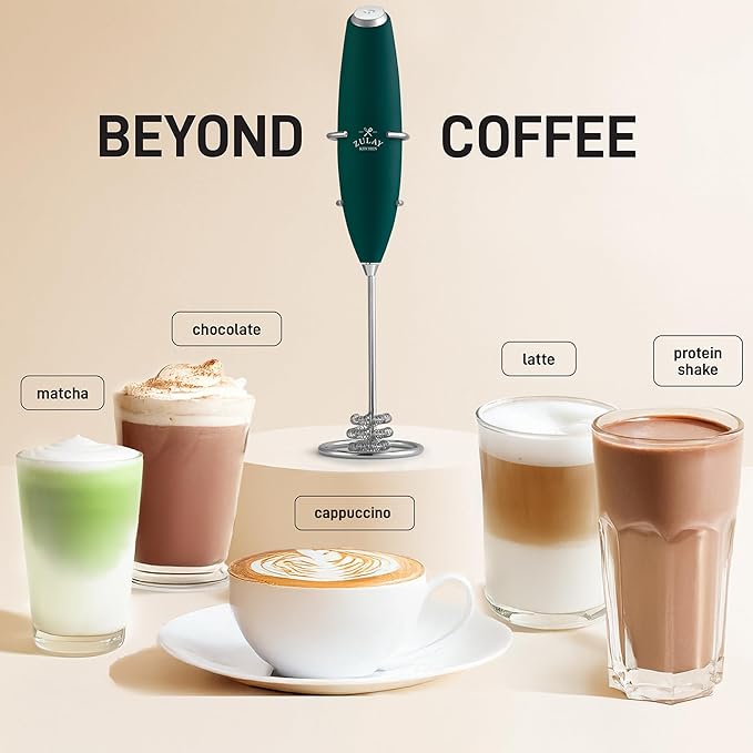 Zulay Kitchen Powerful Milk Frother Wand With Duracell Batteries - Ultra Fast Handheld Drink Mixer - Electric Whisk Foam Maker for Coffee, Lattes, Cappuccino & Matcha - Triple Whisk - Moss Green