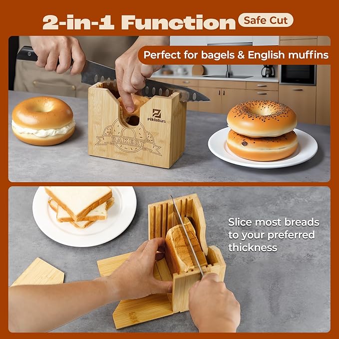 Piklohas 2026 Bagel Slicer, Bamboo Bread Slicer for Small and Large Bagels