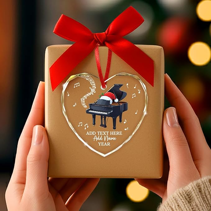 Customized Text Name & Year Piano Christmas Glass Ornament, Piano Lover Christmas Ornaments 2026, Personalized Pianist Xmas Tree Ornament, Musical Instrument Xmas Decor Gift for Son Daughter