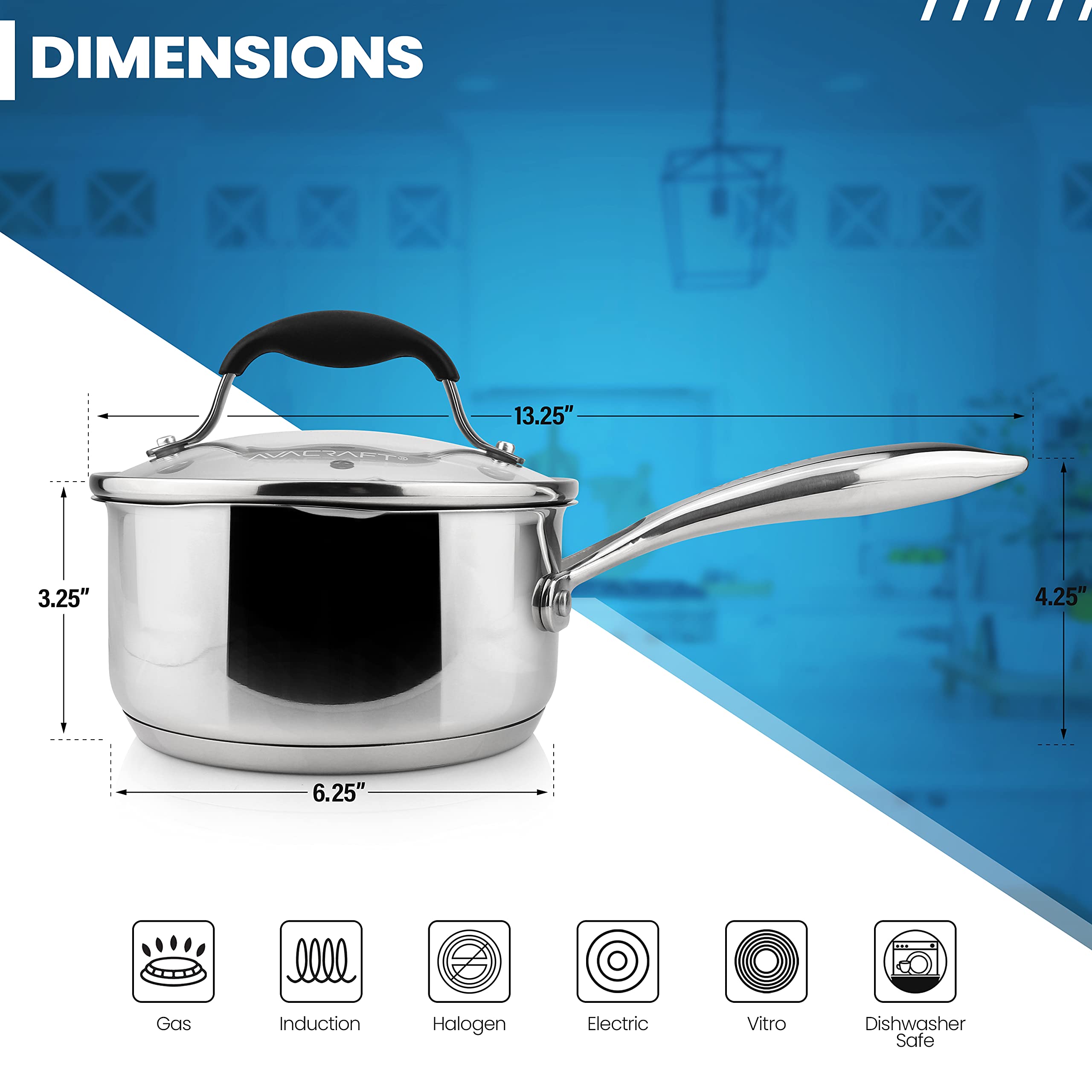 AVACRAFT 1.5 Quart Stainless Steel Saucepan with Glass Strainer Lid