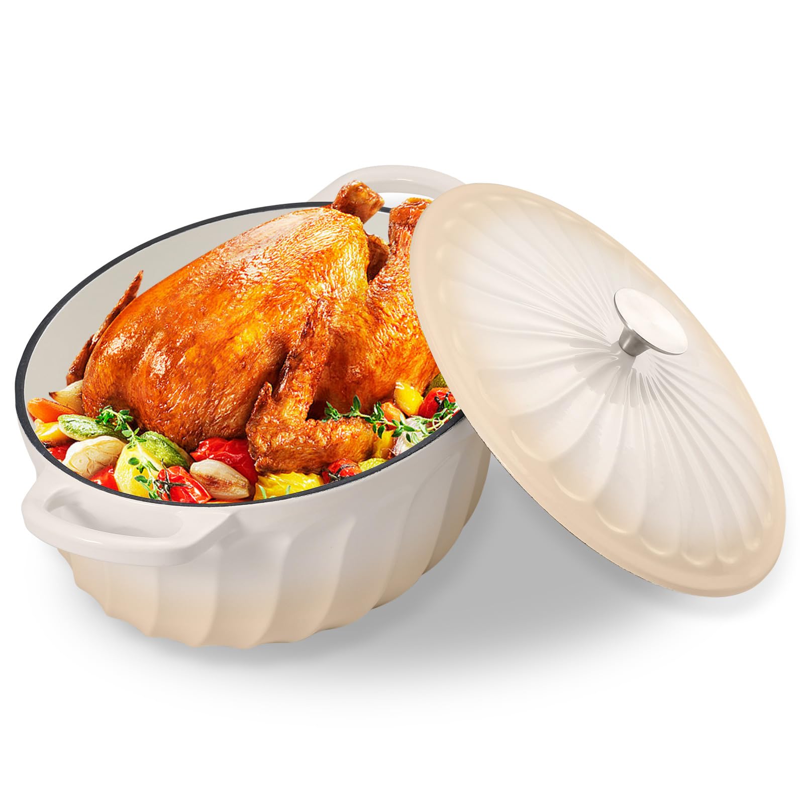 NSIRONS Enameled Dutch Oven Pot with Lid, 7 QT Cast Iron Dutch Oven with Dual Handles, Oval Dutch Oven for Cooking, Bread Baking, Frying, Non-stick Enamel Coated Oven (Caramel White)