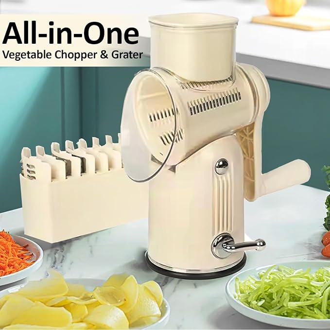 Chef Power's 5 in 1 Rotatory Cheese Grater - Premium Quality Hand Cheese Grater With Handle - Food Chopper for Kitchen - Beige
