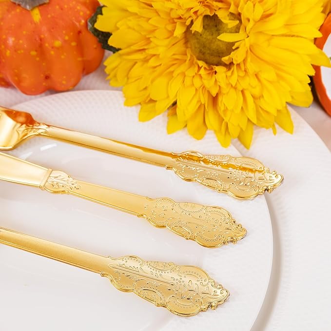 Liacere 400PCS Gold Plastic Silverware - Pre Rolled Napkins Disposable Gold Plastic Cutlery-Premium Quality Utensils-Includes 100Forks,100Knives,100Spoons,100 Napkins & Birthday Party &Events