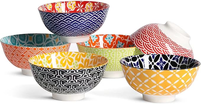 Metahom Dessert Bowls, Small Colorful Bowls 10 Oz, Ceramic Bowl Set for Ice Cream, Decorative Bowls for Snack Soup Condiments, Side Dishes, Set of 6