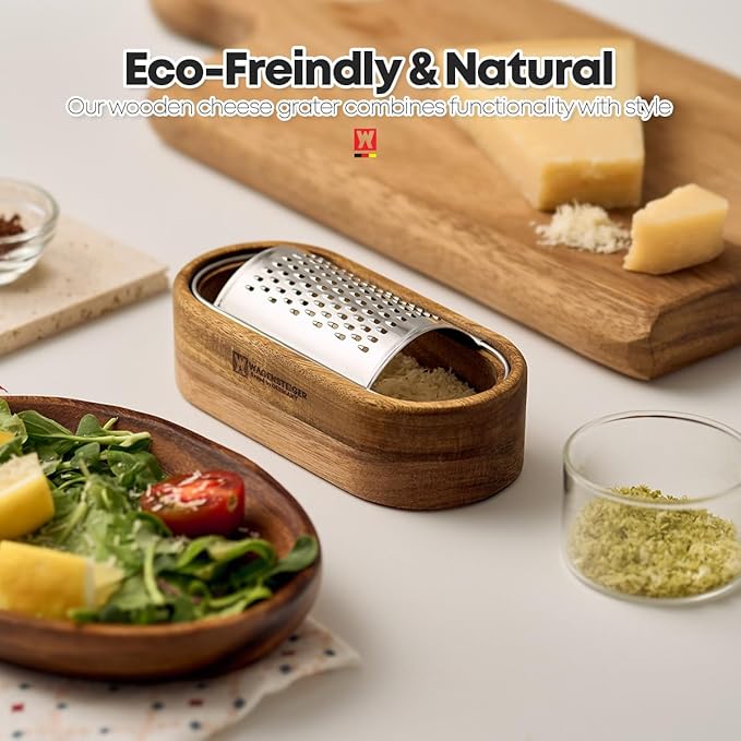 Wagensteiger Removable SUS304 Stainless Steel Cheese Grater with Wooden Container, Wooden Shredder, Citrus Zester, Perfect for Presenting Freshly Grated Cheese or Zest
