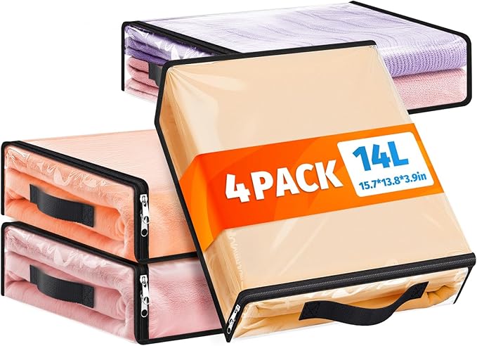 SpaceWhisper Clear Sheet Storage Bags, 4 Pack, 15.7 x 13.8 x 3.9 in