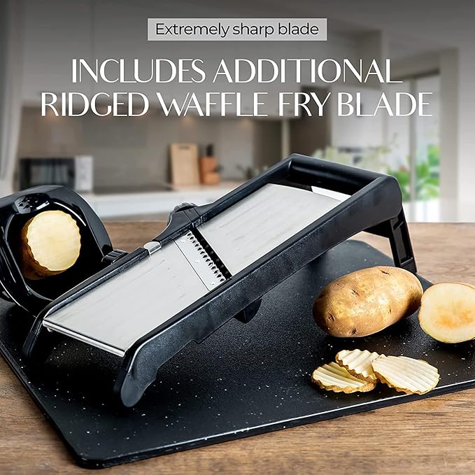 Gramercy Adjustable Mandoline Slicer for Kitchen, Potato Cutter, Vegetable Chopper, Mandolin, Cucumber Slicer- INCLUDING One Pair Cut-Resistant Gloves and Waffle Fry Cutter