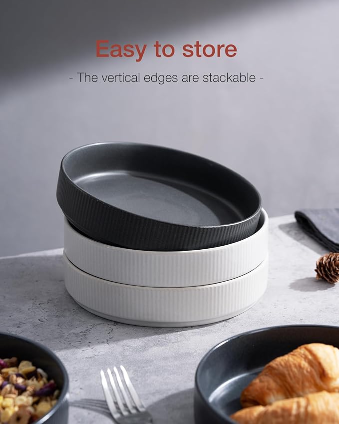 famiware Star 8.25" Pasta Bowls Set of 4, Bowl Plate, Dark Charcoal & White