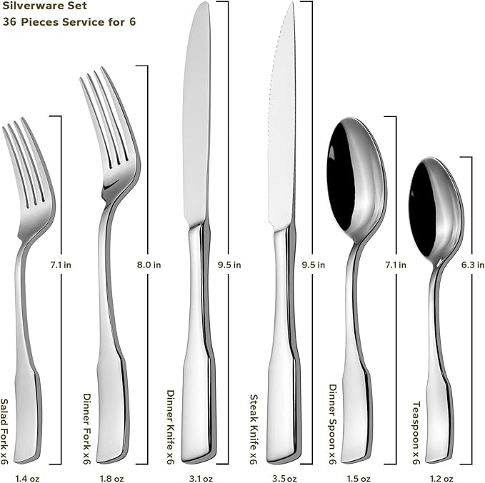 Alata Kate 36-Piece Silverware Set with Steak Knife, Stainless Steel Flatware Set Service for 6, Mirror Polished Cutlery Set Dishwasher Safe