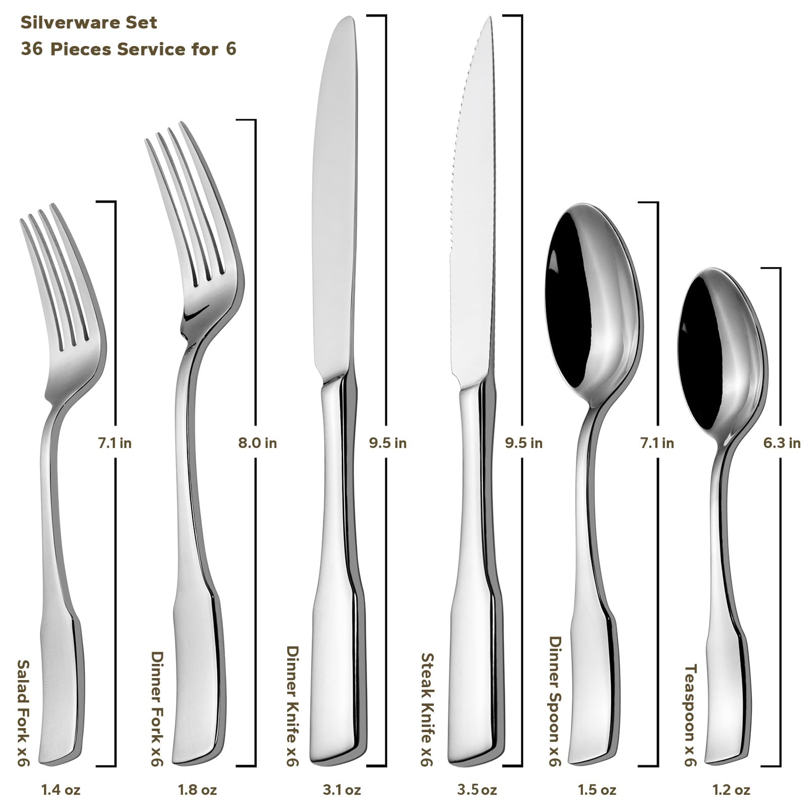 Alata Kate 36-Piece Silverware Set with Steak Knife, Stainless Steel Flatware Set Service for 6, Mirror Polished Cutlery Set Dishwasher Safe