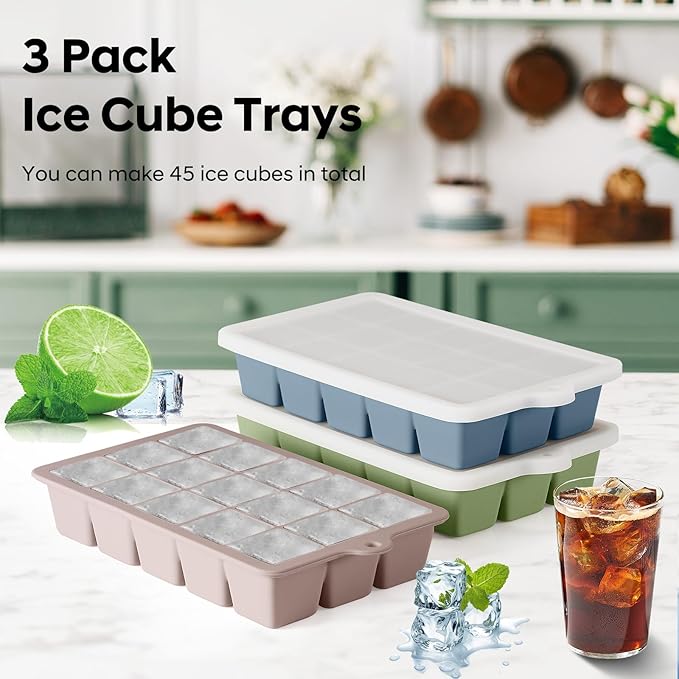 Silicone Ice Cube Tray 2 Pack, HANCELANT Ice Cube Mold, Ice Trays for Freezer with Lid for Whiskey, Cocktail, Drinks and Food, Freezer, BPA Free, Easy Release