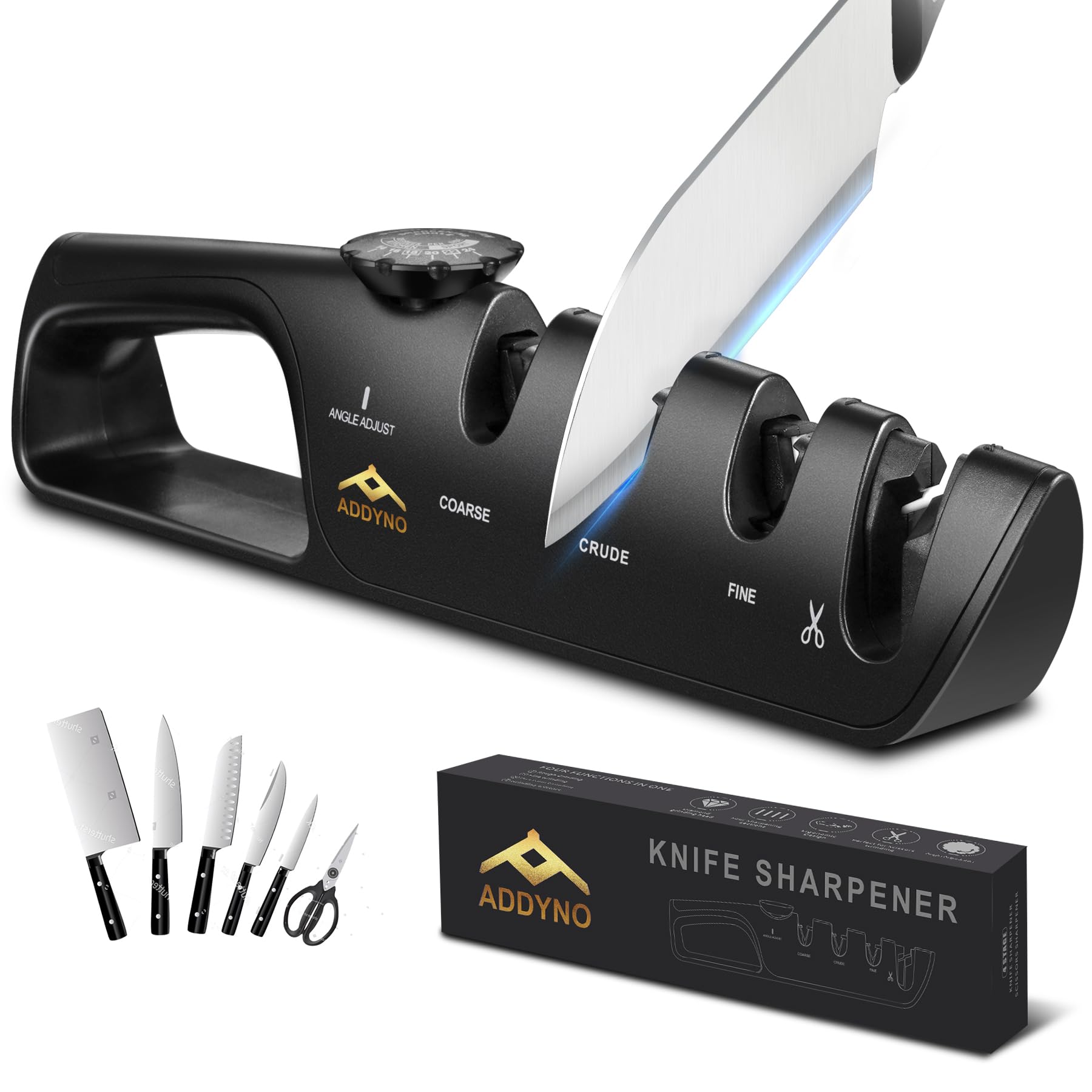 ADDYNO Knife Sharpener, Adjustable Angle 4-in-1 Kitchen Knife Sharpener, 3-Stage Coarse Sharpen Fine with Scissors Slot, Non-Slip Base Ergonomic Handle for Household Knives and Scissors