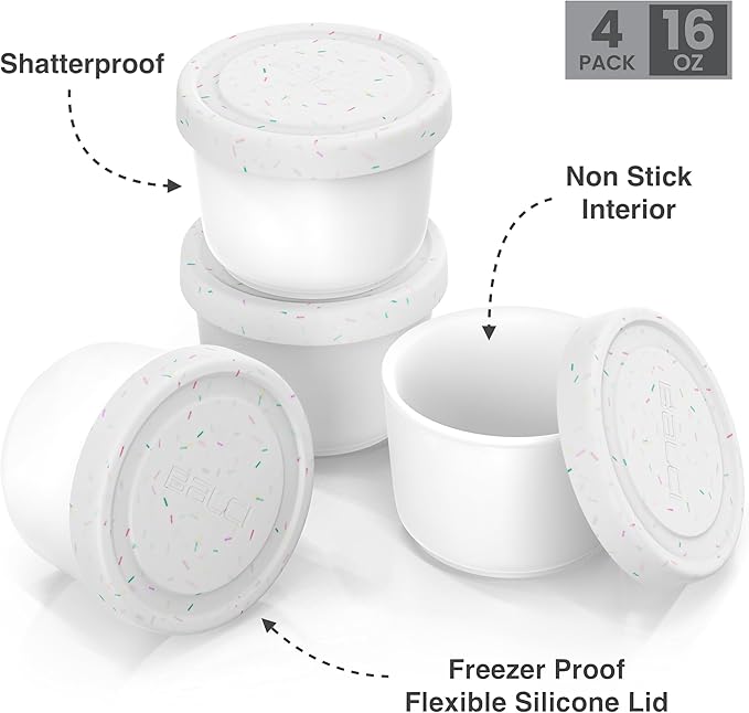 BALCI 16oz Ice Cream Containers - Set of 4 (White Sprinkles)