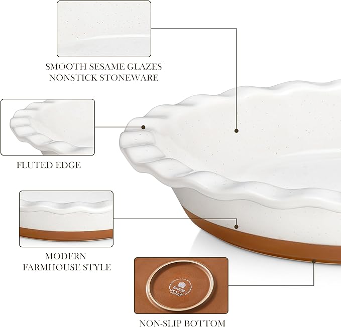 MALACASA Ceramic Pie Pan for Baking - 9 inch Pie Plate, Quiche Baking Dish