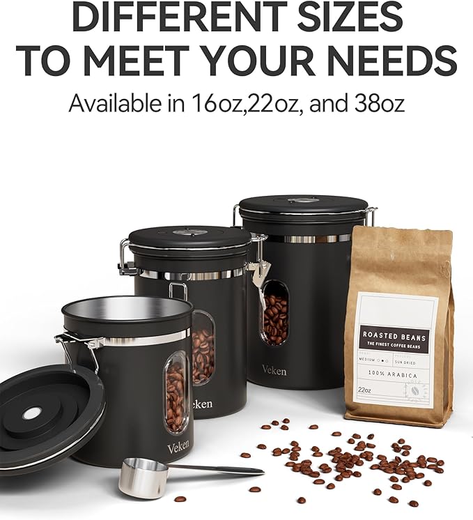 Veken Coffee Canister with Window, Airtight Stainless Steel Container, 16OZ