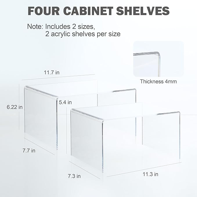 Clear Acrylic Cabinet Organizer Shelf 2Pcs, Stackable Cabinet Shelves, Dish Organizer for Cabinet, Kitchen Cabinet Organizer Riser, Pantry Cupboard Storage for Spice Bottles, Mugs, Small Plates & Jars