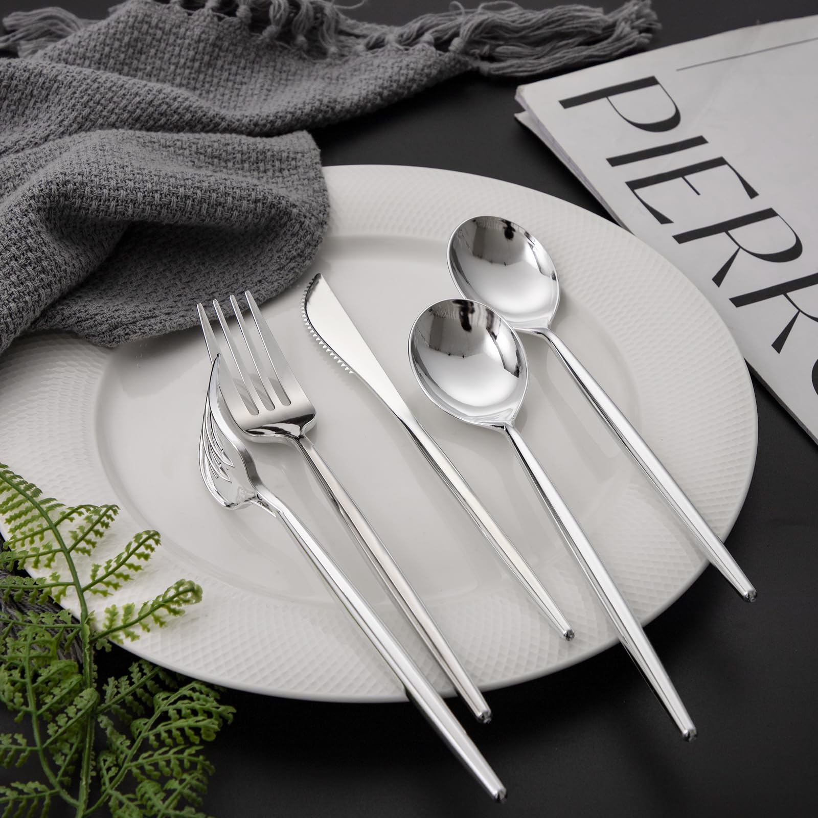 LIYH 102 Pcs Silver Plastic Silverware - Heavyduty Plastic Cutlery Set Disposable Utensils Flatware Set Knives Forks Spoons Disposable Cutlery Mothers Day