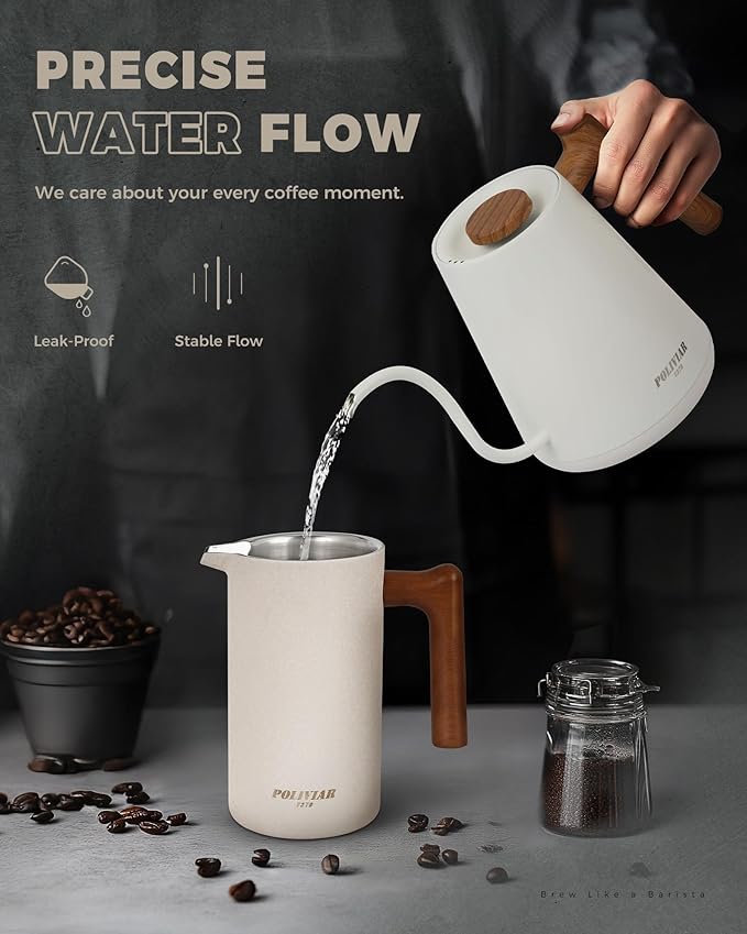 POLIVIAR Electric Gooseneck Kettle, Wood Pattern Handle, White