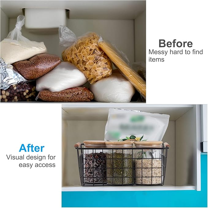 Black 2PCS Wire Storage Baskets with Wooden Handles for Pantry Organizer