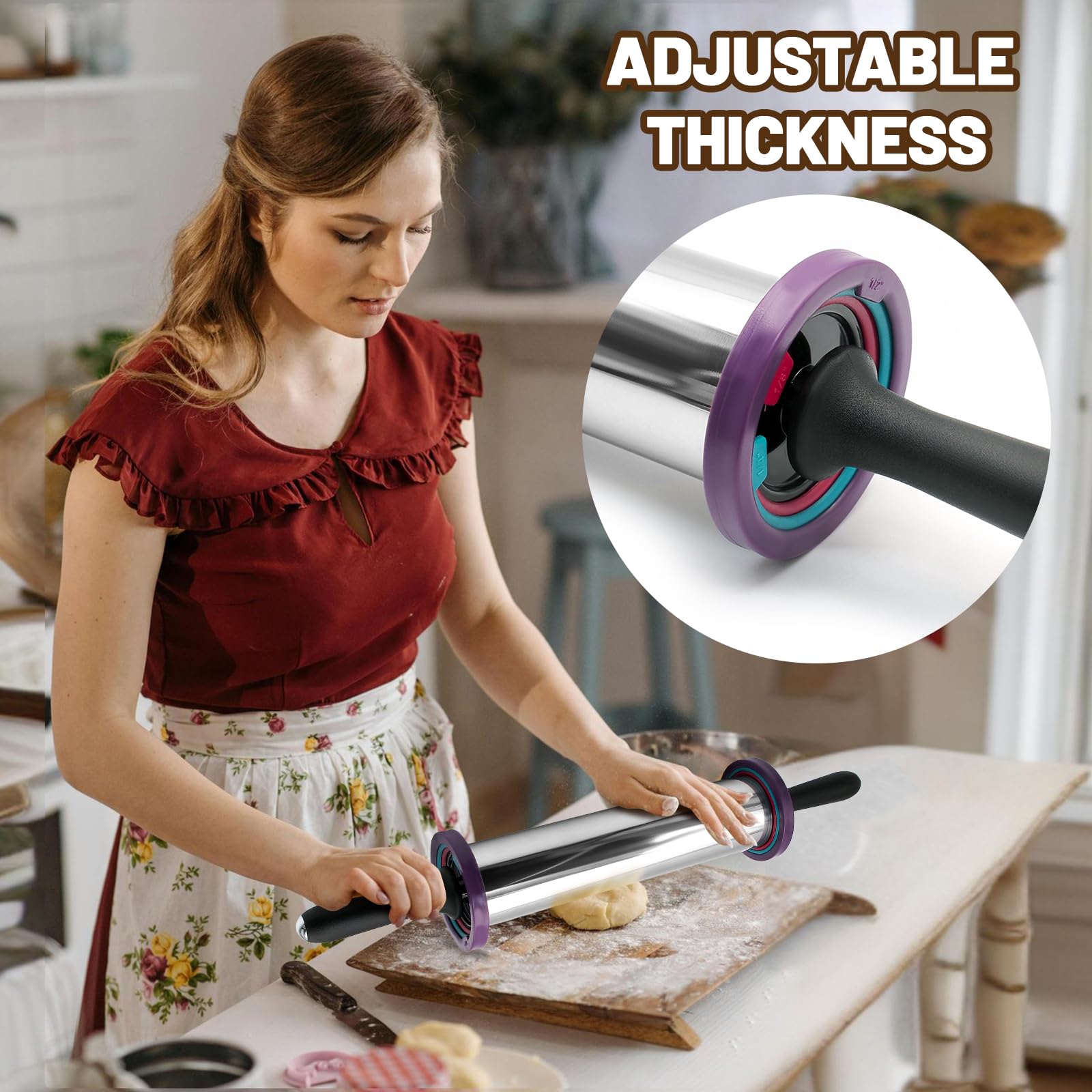 SHIKORI Rolling Pin,Adjustable Rolling Pin with Thickness Rings