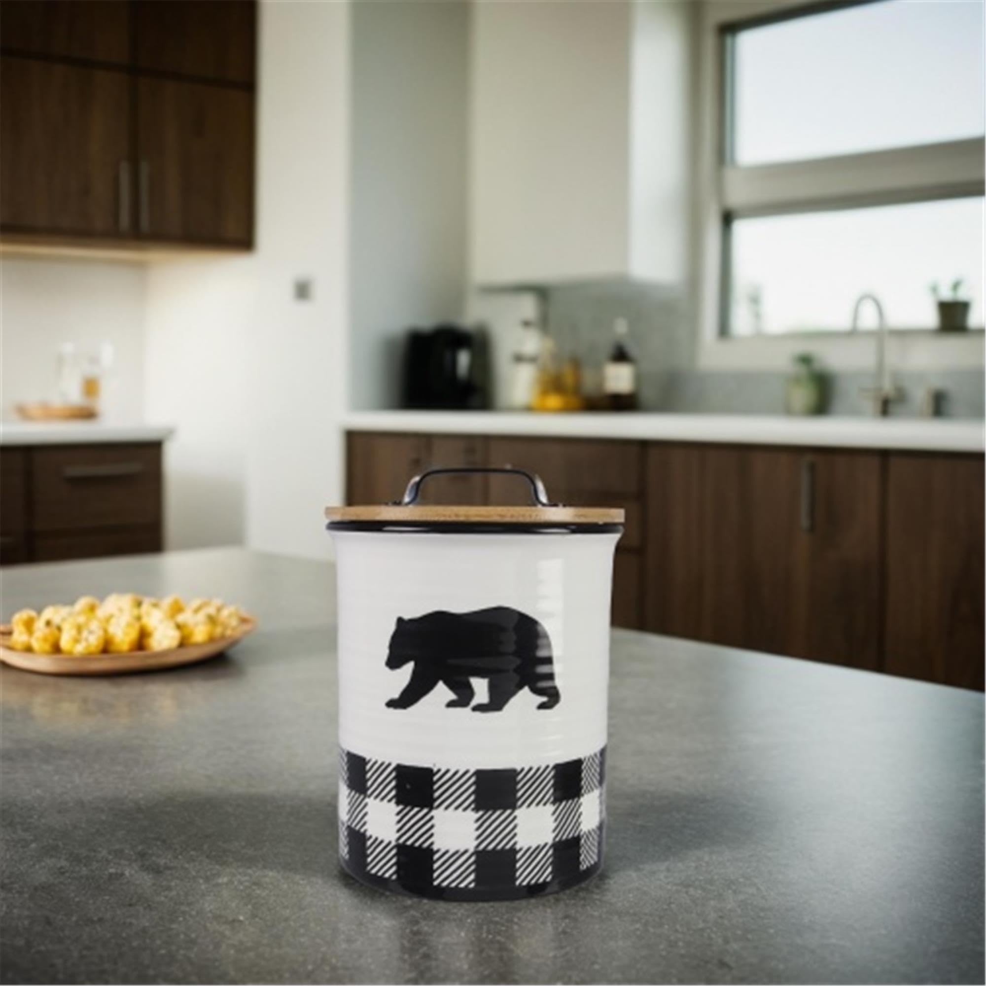 Young's Ceramic Treat Jar with Airtight Lid, Black and White Buffalo Plaid Bear Dog Treat Container, Decorative Cat Food Storage Canister