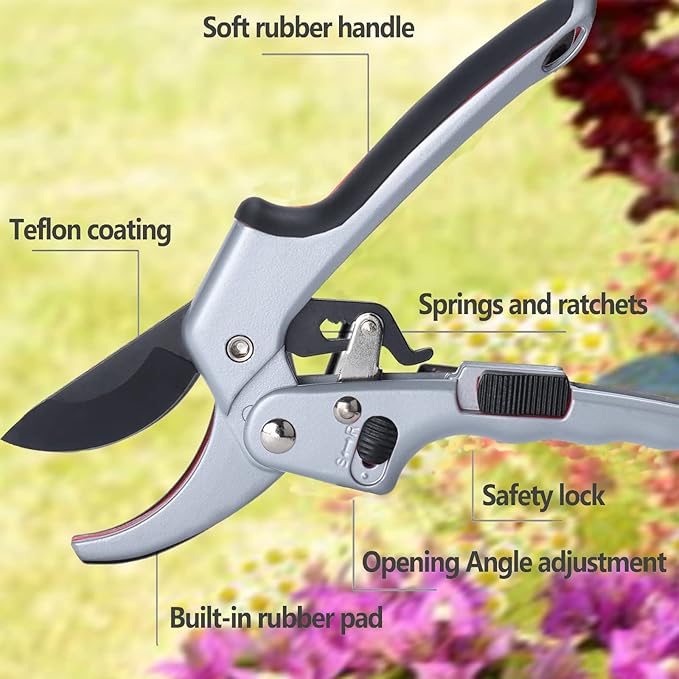 MEPEREZ Garden clippers, premium Germany pruners, Work 3 times easier, professional ratchet pruning shears, cutting rose, flower, hedge, stem, tree, Sharp gardening scissors, Arthritis weak hand snips