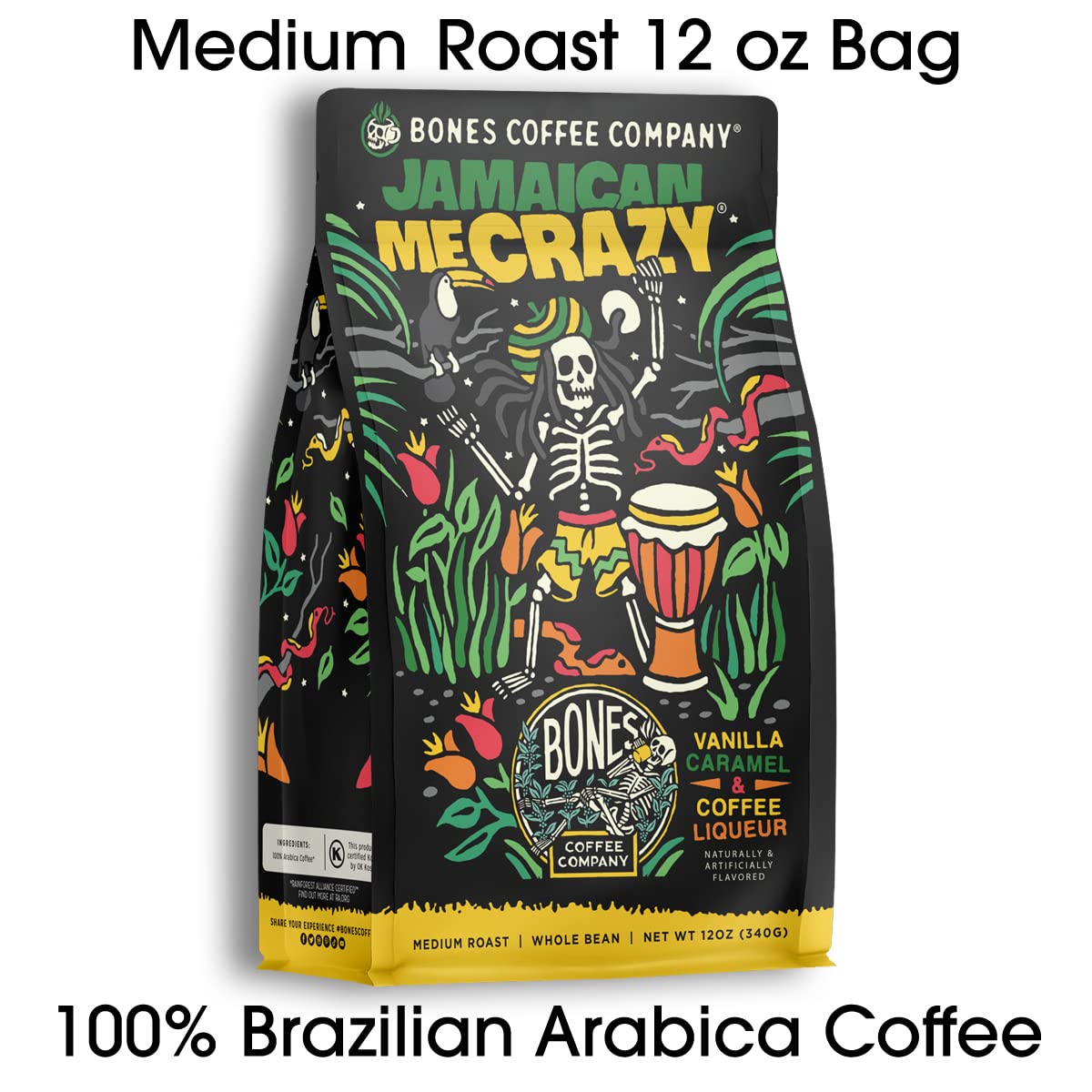 Bones Coffee Company Jamaican Me Crazy, Vanilla Caramel Flavored Coffee, Medium Roast Low Acid Arabica Beans Compatible with Auto drip and French Press Coffee Maker, 12 Oz Ground