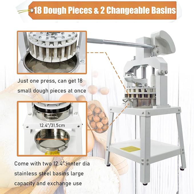 Yokoma Commercial 18PCS Dough Divider Vertical Manual 18PCS Dough Divider Manual Doughs Dividing Cutting Machine with 2 Stainless Steel Basins for Commercial Baking, 2.2-11.29oz(60-320g) Weight Range