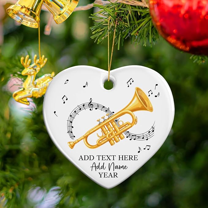 Personalized Text Name Year Trumpet Xmas Ceramic Ornaments, Trumpet Instrument Christmas Tree Ornament 2026, Trumpetist Christmas Ornament Gift for Men Women, Instrument Themed Xmas Decor