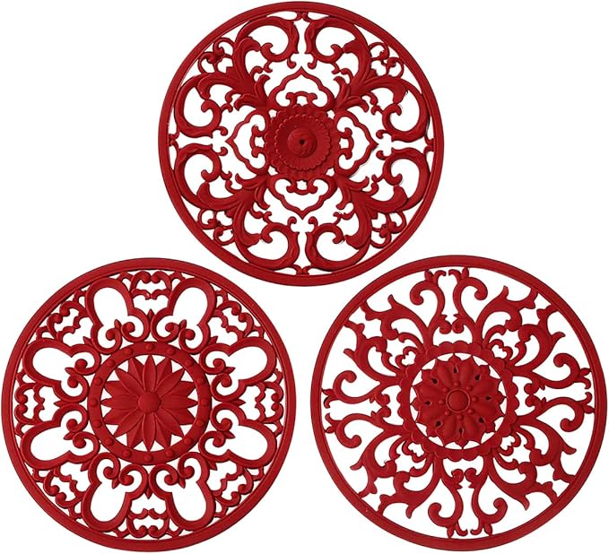 Extra Thick Silicone Trivet Mat for Hot Dishes, Hot Pots and Pans, Pot Holder, Hot Pad to Protect Your Table and Countertop, Kitchen Decor and Accessories,Merlot Red,Set of 3