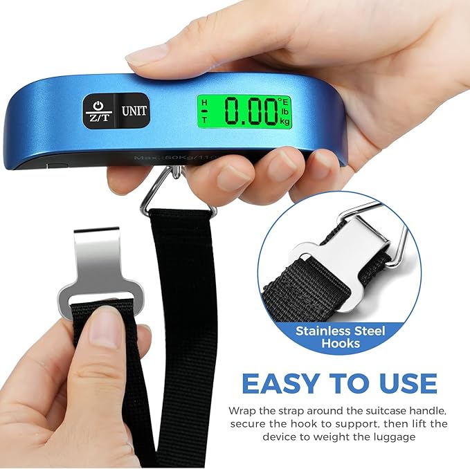 BAGAIL Digital Luggage Scale, 110lbs Hanging Baggage Scale with Backlit LCD Display,Portable Suitcase Weighing Scale,Travel Luggage Weight Scale with Hook,Strong Straps for Travelers(Blue)